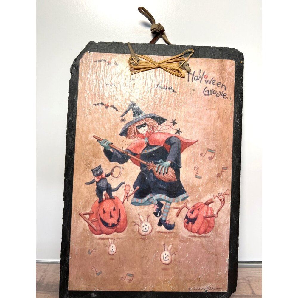 Halloween Groove Slate Wall Hanging With Witch & Pumpkins Design